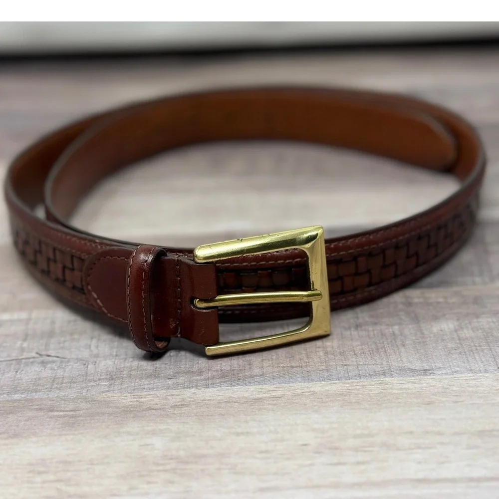 Leather Belt Basketweave Woven Men 36 Brown Brass Buckle Office Preppy Old Money